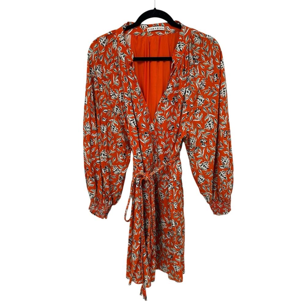 Alice + Olivia Lilian Floral Print Mandarin-Collar Mini Dress w/ Belt Womens 14 - Picture 2 of 7